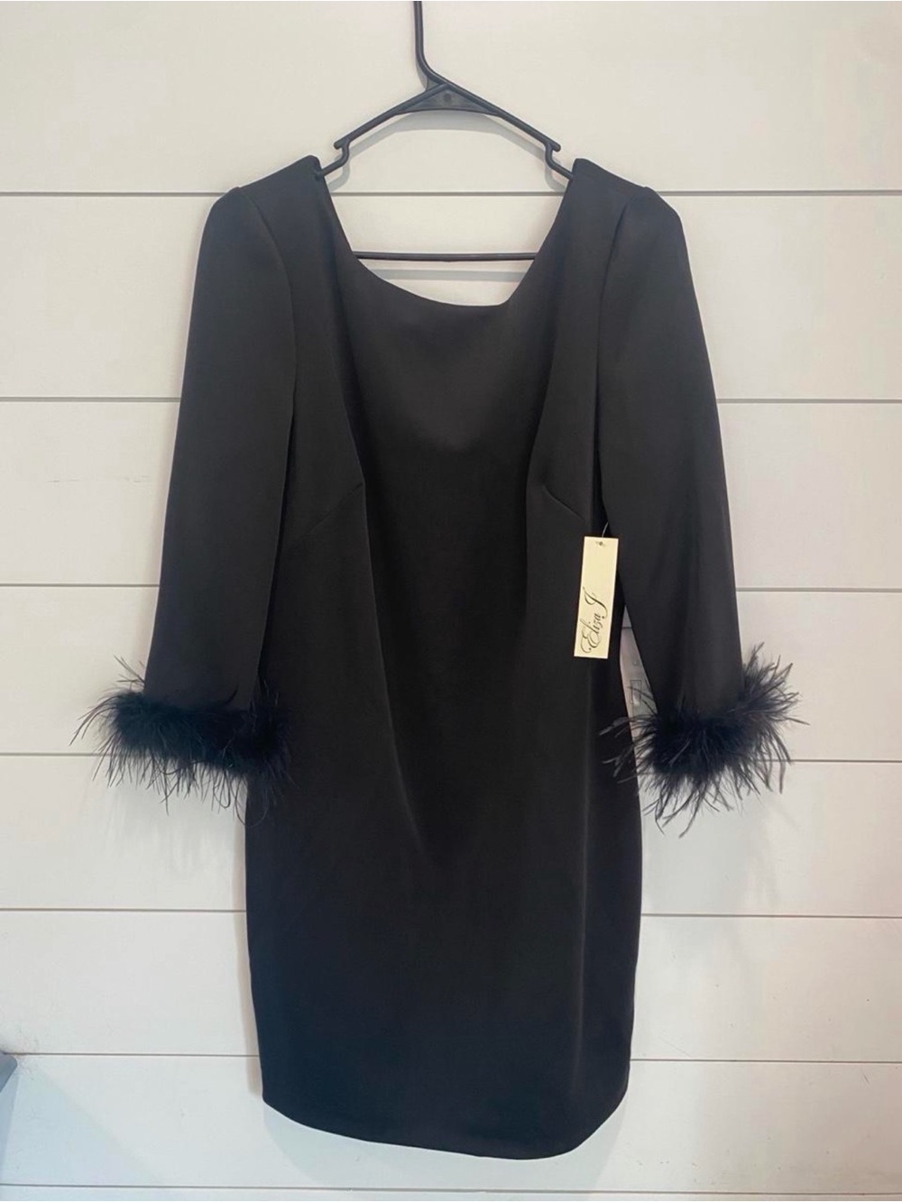 Eliza J Black Long Sleeve Sheath Dress with Feather Cuffs